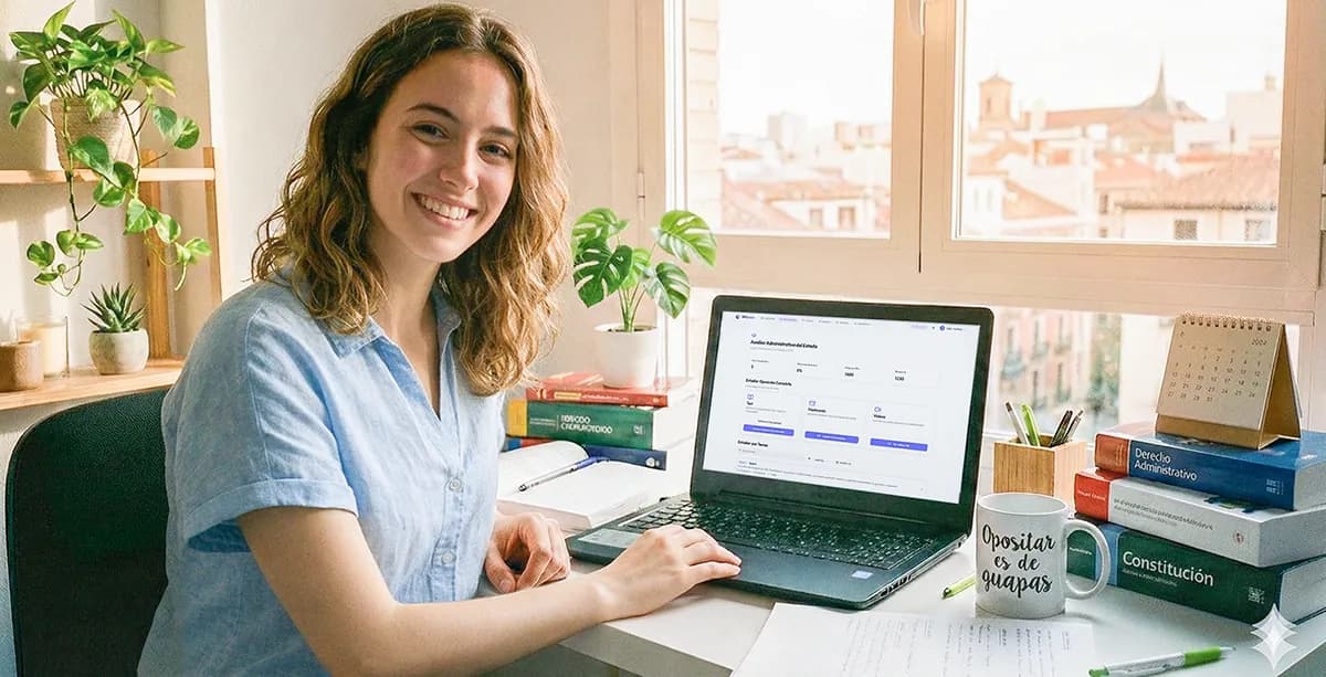 Estudiante preparando oposiciones con OPO.coco - plataforma de tests y flashcards